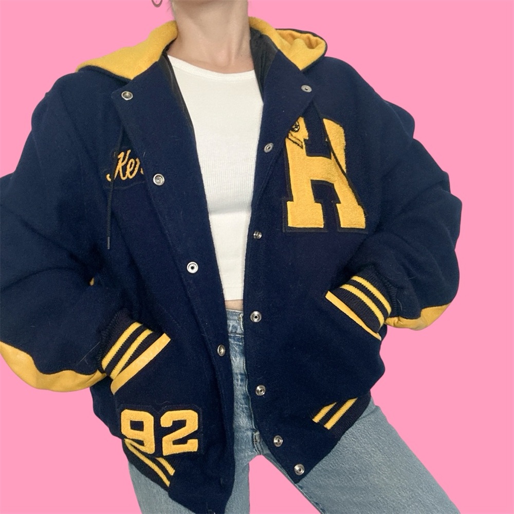 Vintage 90s Blue and gold Leather and wool Varsity letterman Jacket